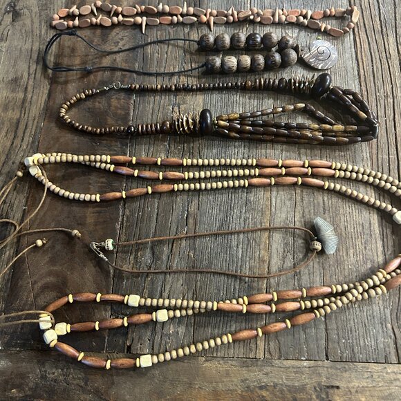 Lot of 5 Vintage Wooden Bead Necklaces | Tribal Boho Clay & Leather String - Picture 12 of 12